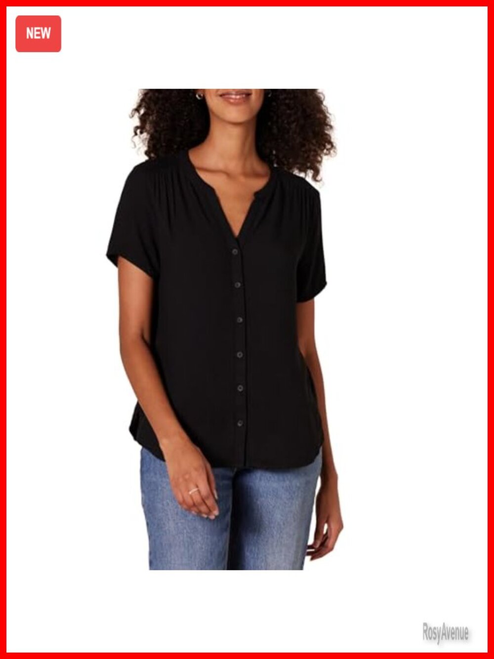 Women's Relaxed Fit Short Sleeve V Neck Button Front Woven Blouse
